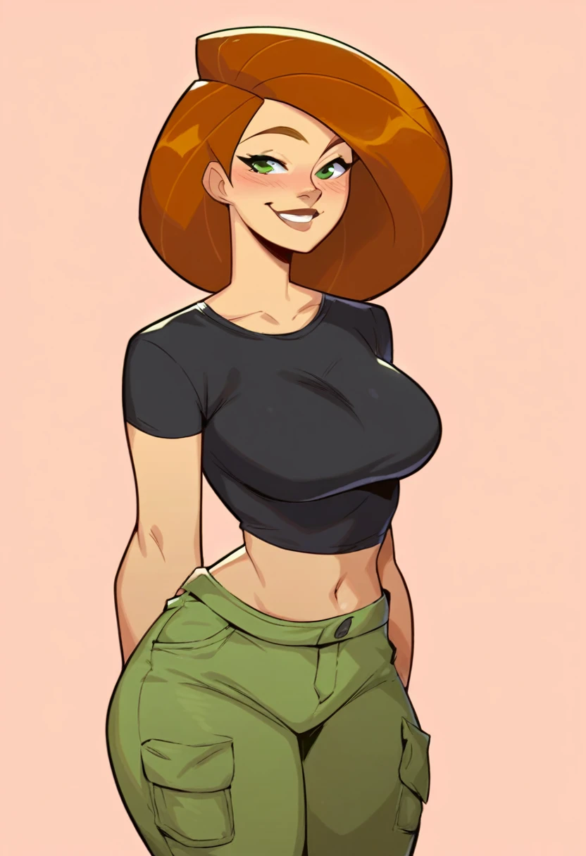 score_9, score_8_up, score_7, source_cartoon, kim possible, 1girl, red hair, medium hair, dark green eyes, teen, large breasts, perky breasts, black shirt, green cargo pants, smile, perfect hands, cowboy shot, very large ass, naught face, blush on face.