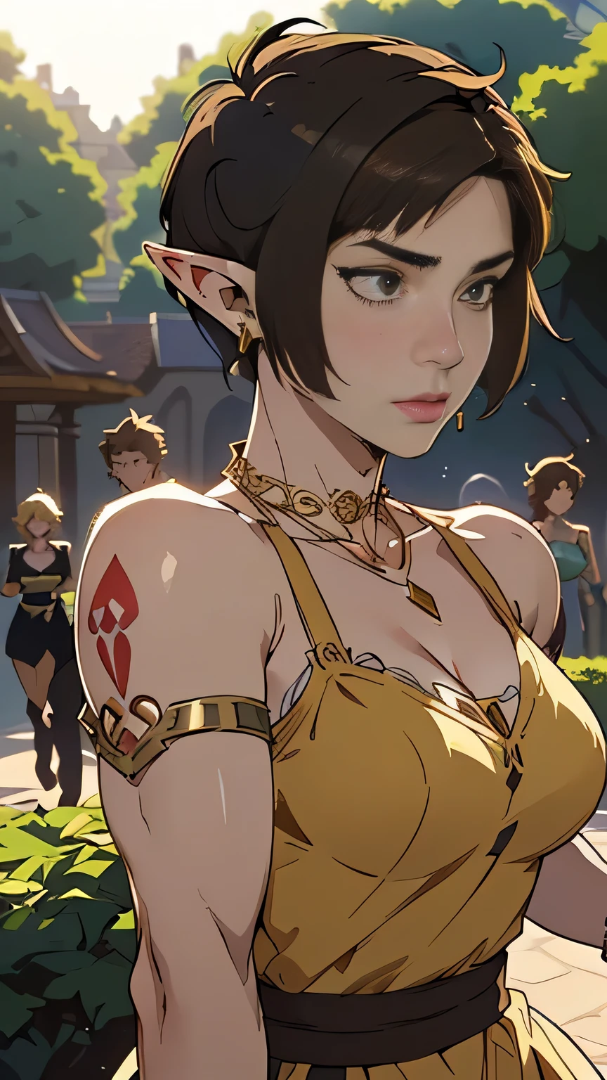 photo of mlp Meowko, RAW, beautiful woman, ((portrait)), ((detailed face:1.2)), ((anime face, anime facial feature, beautiful anime mouth, clear skin, clear skin, elvish ears), (short messy lesbian haircut, one shaved side, brunette: 1.55), (perfect proportioned body, Strong, muscular, narrow waist, narrow hips, skinny, large breasts), ((she wears a detailed one shoulder princess dress like princess Zelda, Gold Collar,Red Gemstone Necklace,Gold earrings,Gold Bracelet, detailed background, elvish garden, pavilion, elf city, (action shot, running), (realistic photo, best quality, detailed), (8k wallpaper), (cinematic lighting, beautiful light, (day:1.3)) (sharp focus, intricate)