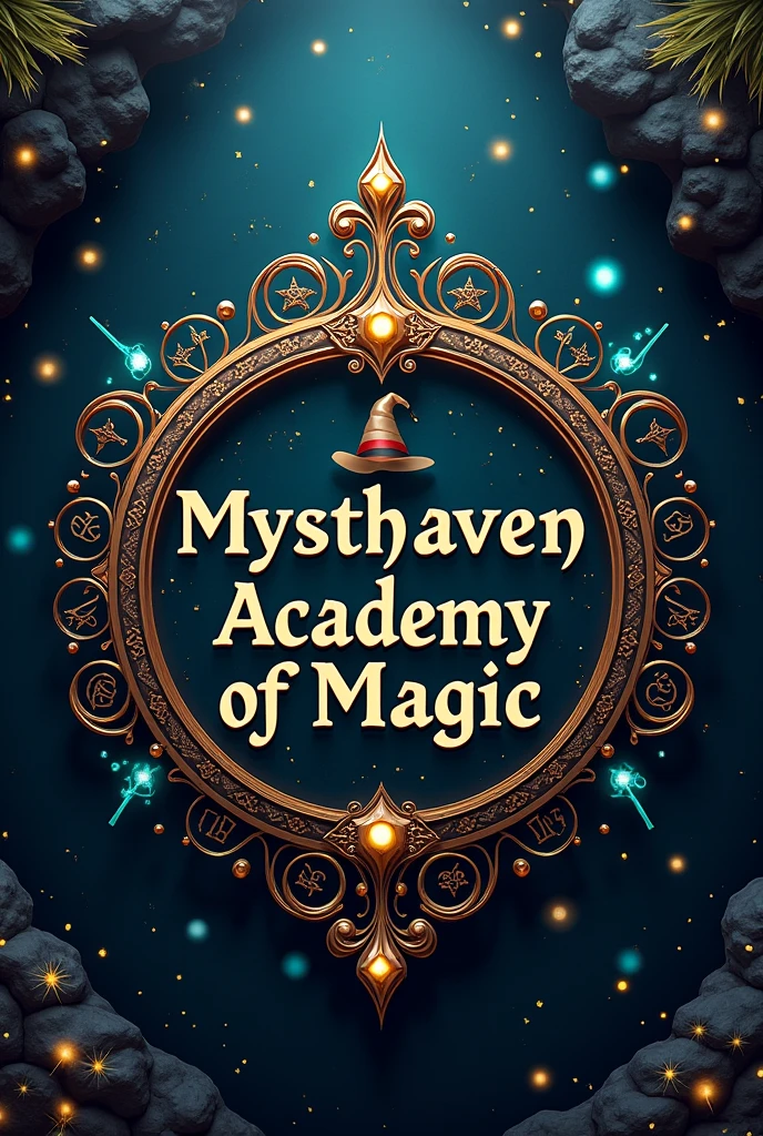Create Mysthaven Academy of Magic text with an interesting magic concept and a background with a magic background decorated with elements of magic elements such as magic wands, potion and magic hat and the logo in the middle looks luxurious with a size of 1:1