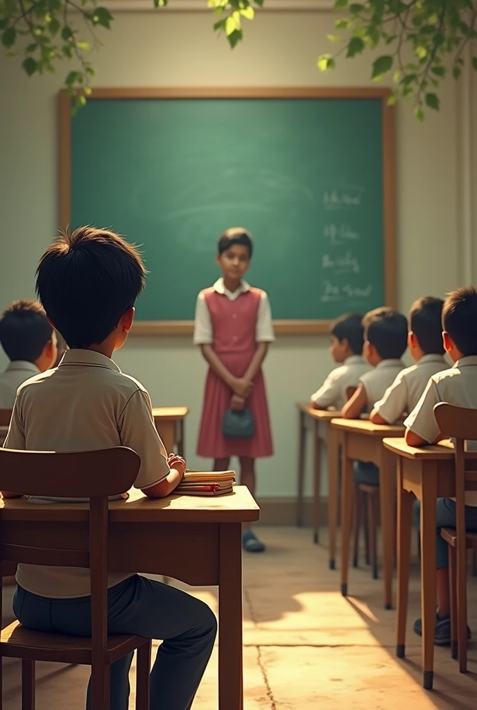 Here is a breakdown of the images based on the scenes you described, ready for generation. Each scene is designed to capture the emotions and pivotal moments in Kumar's story.

---

**1. Kumar in the Classroom (5th Grade)**

- **Description**: A modest, nostalgic classroom setting with old wooden desks and a chalkboard in the background. Kumar, a shy young boy, is seated quietly at his desk, glancing towards Srinidhi, who is confidently answering a question at the front of the class. The scene captures Kumar’s admiration and curiosity.
- **Mood**: Nostalgic, with a sense of young admiration.

---

**2. Kumar Waiting to Talk to Srinidhi**

- **Description**: Kumar stands nervously in the schoolyard, holding his bag, watching Srinidhi from a distance. Srinidhi is surrounded by her friends, smiling and chatting, completely unaware of Kumar's presence. The background includes some trees and kids playing, adding a lively atmosphere.
- **Mood**: Anticipation, nervousness, with a touch of hope.

---

**3. Kumar and Srinidhi in Matching Clothes on Thursday**

- **Description**: Kumar and Srinidhi are seen in similar-colored clothes, subtly matching in their school uniforms. Kumar is standing slightly apart, observing Srinidhi with a soft smile as she laughs and talks with her friends, unaware of the coincidence.
- **Mood**: A mix of happiness and longing, capturing a small, meaningful moment.

---

**4. Srinidhi Tying Rakhi to Kumar (8th Grade)**

- **Description**: In a classroom setting, Srinidhi is tying a Rakhi on Kumar’s wrist. Kumar’s face shows a mix of disappointment and masked emotions. Other students are seen chatting in the background, but the focus remains on the interaction between Kumar and Srinidhi.
- **Mood**: Bittersweet, with underlying sadness as Kumar hides his feelings.

---

**5. Kumar’s Decision to Propose (10th Grade)**

- **Description**: Kumar stands alone near a tree or a bench in the schoolyard, deep in thought. His body language shows tension, w