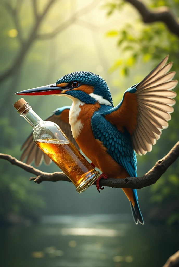 King fisher hold bottle from her wings