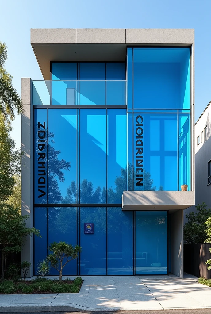 Windows with glass the blue color, desing modern, acustic, house full color, name VIDRIERIA RODRIGUEZ recored into the glasses with letter big.