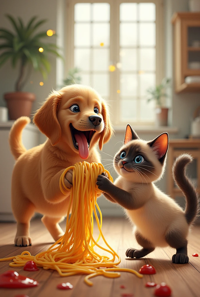 A golden retriever and a Siamese cat are in a kitchen engaged in a tug-of-war with a giant spaghetti noodle. The dog is pulling on one end with an enthusiastic expression, while the cat, with a determined look, grips the other end. The scene is playful and messy, with strands of spaghetti and sauce splattering around.