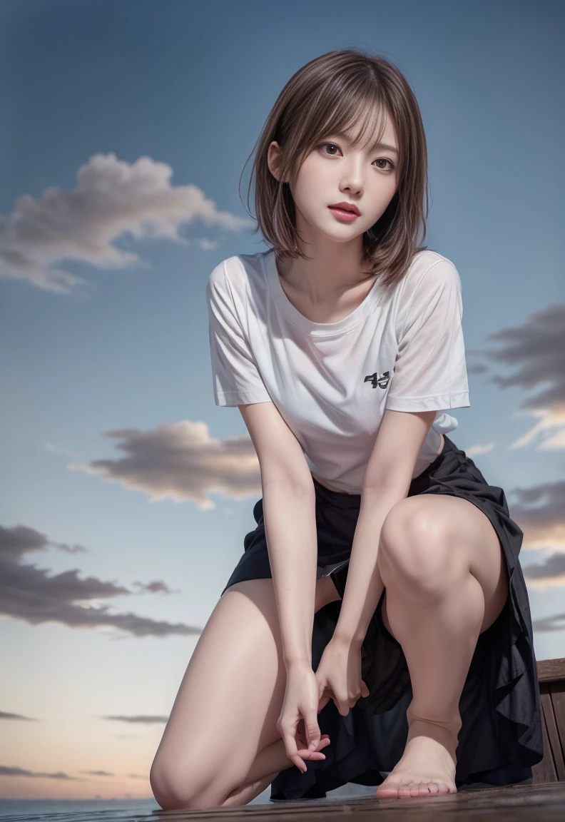 (best quality,4k,8k,highres,masterpiece:1.2), ultra-detailed,(realistic,photorealistic,photo-realistic:1.37), extremely detailed illustration, cinematic lighting, vibrant colors, serene and beautiful, perfect anatomy, anatomical correct body, detailed textured clothes, shiny textured skin, (realistic,photorealistic,photo-realistic:1.37), extremely detailed illustration, cinematic lighting, vibrant colors, serene and beautiful, perfect anatomy, anatomical correct body, detailed textured clothes, shiny textured skin,
break pubic hair, pokies nipples covered with clothes, (best quality,4k,8k,highres,masterpiece:1.2), ultra-detailed,
(Shoot from below:1.5), Front Angle, (From below :1.4), (Crotch focus:1.2), (low angles:1.2), 26yo, Japanese Beautiful Girl, young girl, cute face, body, 150cm tall, cuvy Medium hair, Plump breasts, Constricted waist, oversized long White T-shirt,
break (knee together:1.2), (feet apart:1.2), masturbation, extremely orgasm, sexual pleasure climax, arms behind back, hand behind back, finger of herself inseting into vagina,
Photographed from below, on the Gulf in the evening, Looking at the camera, Red sky and beautiful clouds, Sundown,