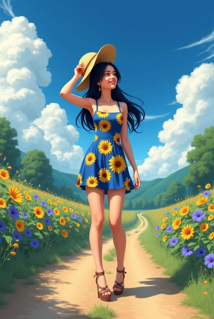 masterpiece,HDR,1 girl,black hair, big breasts,smile,straw hat,One-piece dress with sunflower pattern on blue ground color,She is standing on a jarry road in the countryside,She holds her straw hat on top with her right hand,She's looking up at the sky,The area around the Jariji road is filled with morning glories,blue sky,cumulonimbus
