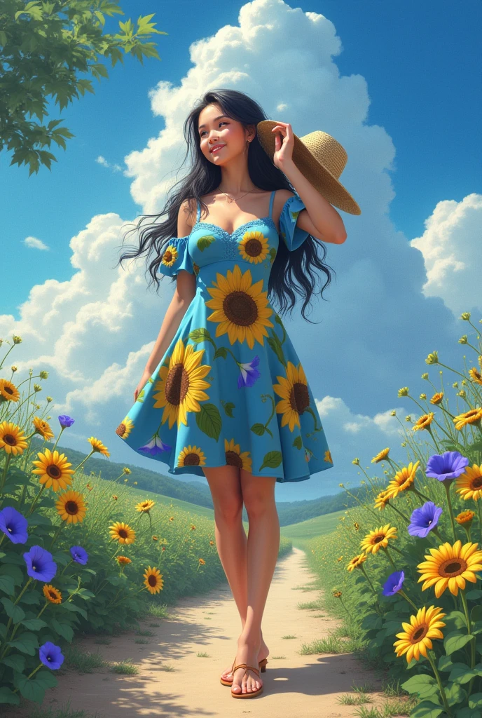 masterpiece,HDR,1 girl,black hair, big breasts,smile,straw hat,One-piece dress with sunflower pattern on blue ground color,She is standing on a jarry road in the countryside,She holds her straw hat on top with her right hand,She's looking up at the sky,The area around the Jariji road is filled with morning glories,blue sky,cumulonimbus