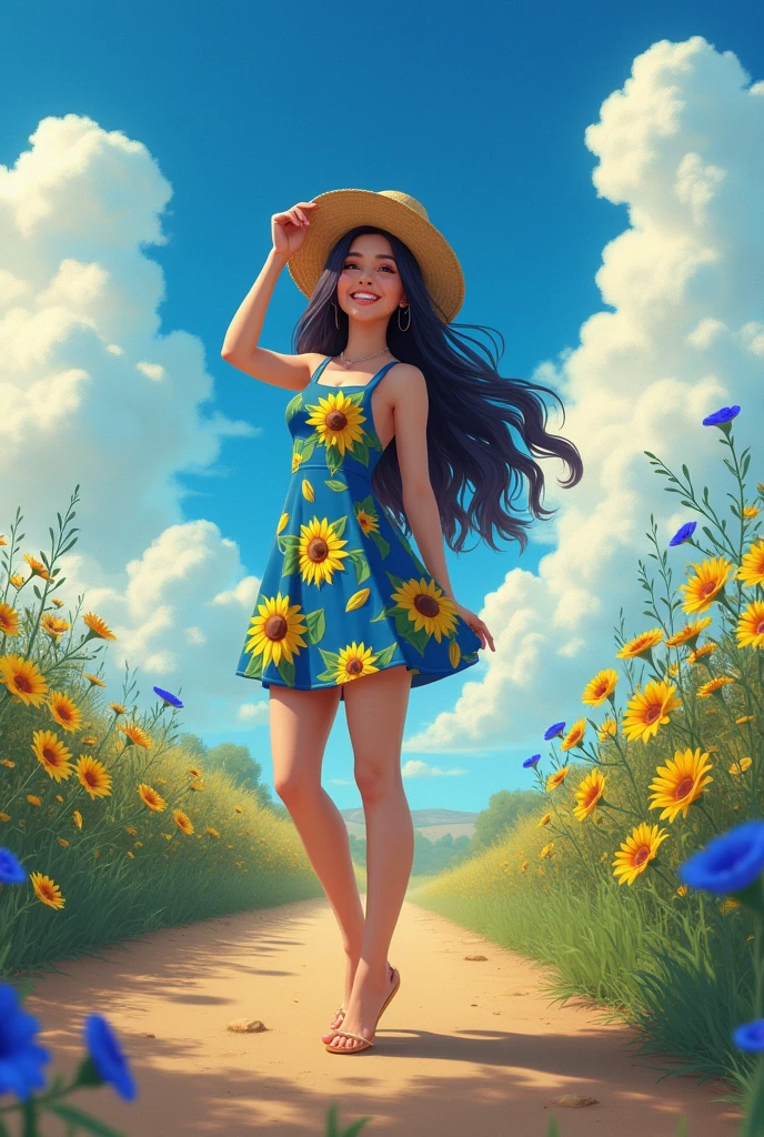 masterpiece,HDR,1 girl,black hair, big breasts,smile,straw hat,One-piece dress with sunflower pattern on blue ground color,She is standing on a jarry road in the countryside,She holds her straw hat on top with her right hand,She's looking up at the sky,The area around the Jariji road is filled with morning glories,blue sky,cumulonimbus