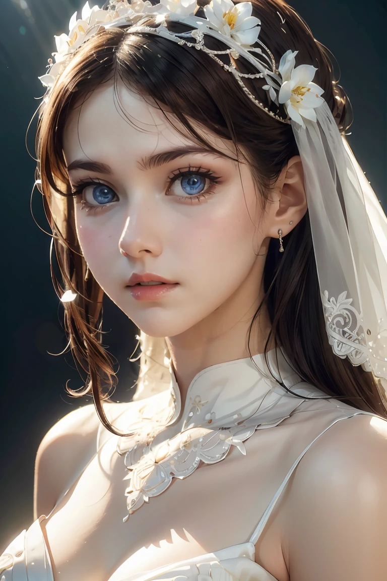 1 girl, elegant long white dress, white background, detailed facial features, beautiful detailed eyes, beautiful detailed lips, extremely detailed face, long eyelashes, high quality, 4k, 8k, ultra-detailed, realistic, photorealistic, HDR, studio lighting, professional, vivid colors, soft lighting, serene, ethereal, graceful, elegant portrait