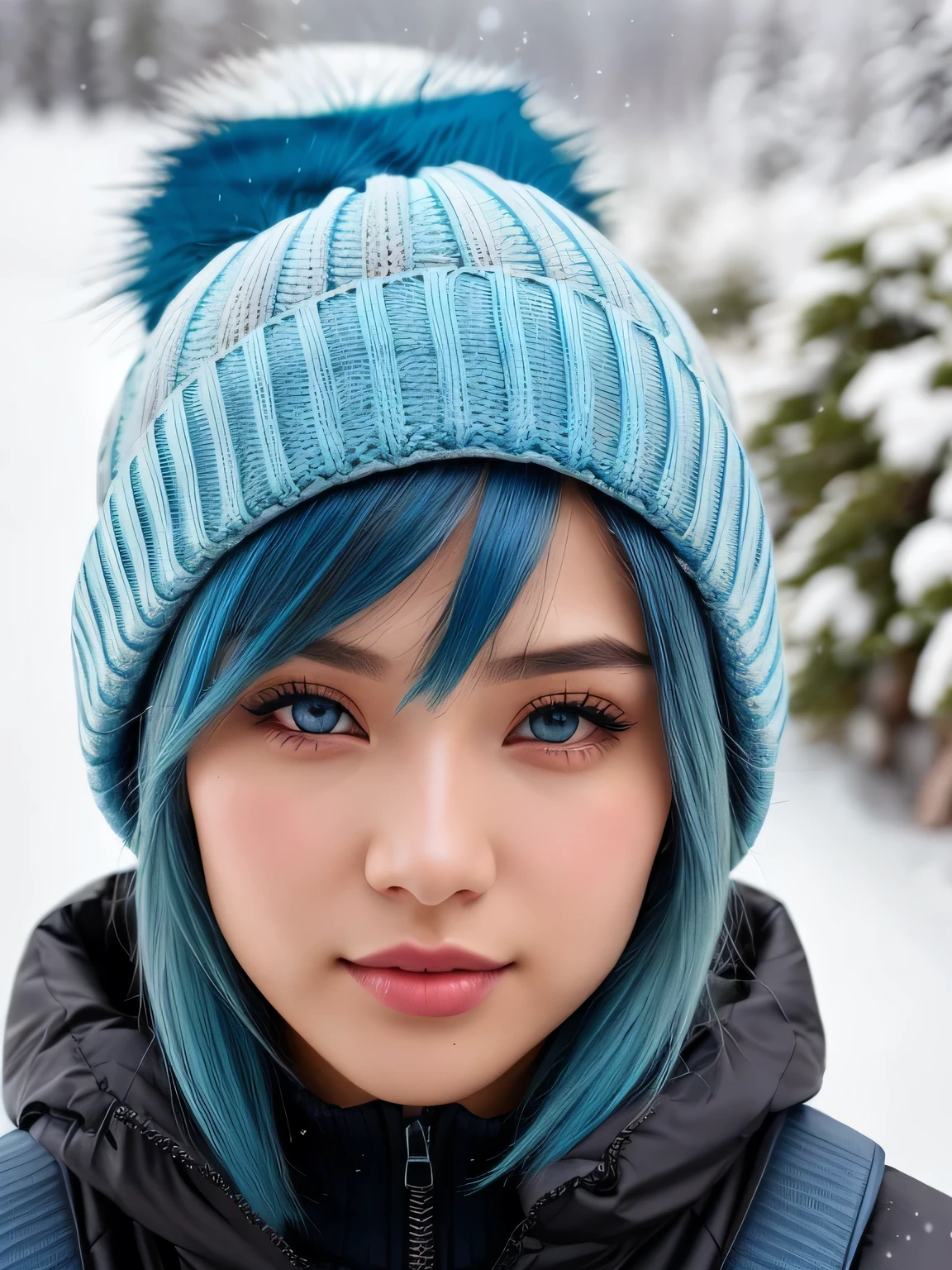 (blue hair:1.4), short hair, realistic green eyes, cobalt hair, long bob hair, tousled hair, shoulder length hair, Full body, woman with white skin and Asian features, 24 year old, big breast. She has a small, Her face has an oval shape with high cheekbones that add to her model-like appearance. highly detailed glowing eyes, specular light, extreme quality, crystal clear, cute face, detailed skin pores, oil Dark skin, brown, complex eye details, 8K, ((high quality, 8K, Ultra HD, high quality, high quality, High resolution, realism)) 、smile、well-proportioned body、Background blur((depth of field))、Aerial perspective((atmospheric perspective))、In snowy mountain forests、Wear suitable winter clothing for hiking、Wear winter trousers、Wear winter shoes、Walking through the snow、Wear a knitted hat、Wear cold weather gloves、Lots of snow, (short hair:1.3)