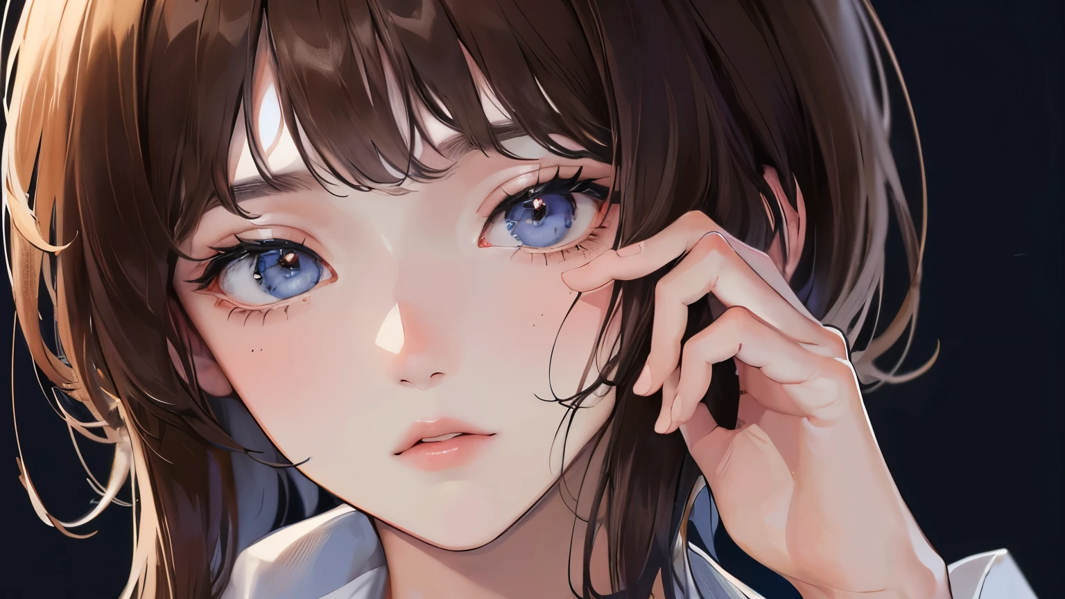 ((Hide your face with your right hand))),(((Night Background)))、(((Close-up of face)))、((1 person)),Masterpiece,best quality,,((Navy blue blouse))、((Expressionless))、((Brown Hair)),determined expression, Upper body diagram、 (Highest Resolution、Clear_image)、Best Quality、Light and shadow contrast、((Backlight))、Very detailed、Semi-realistic、Semi-long hairstyle、、bangs、19 years old、 Young lady,,young、((View from the front))、Delicate Facial Features