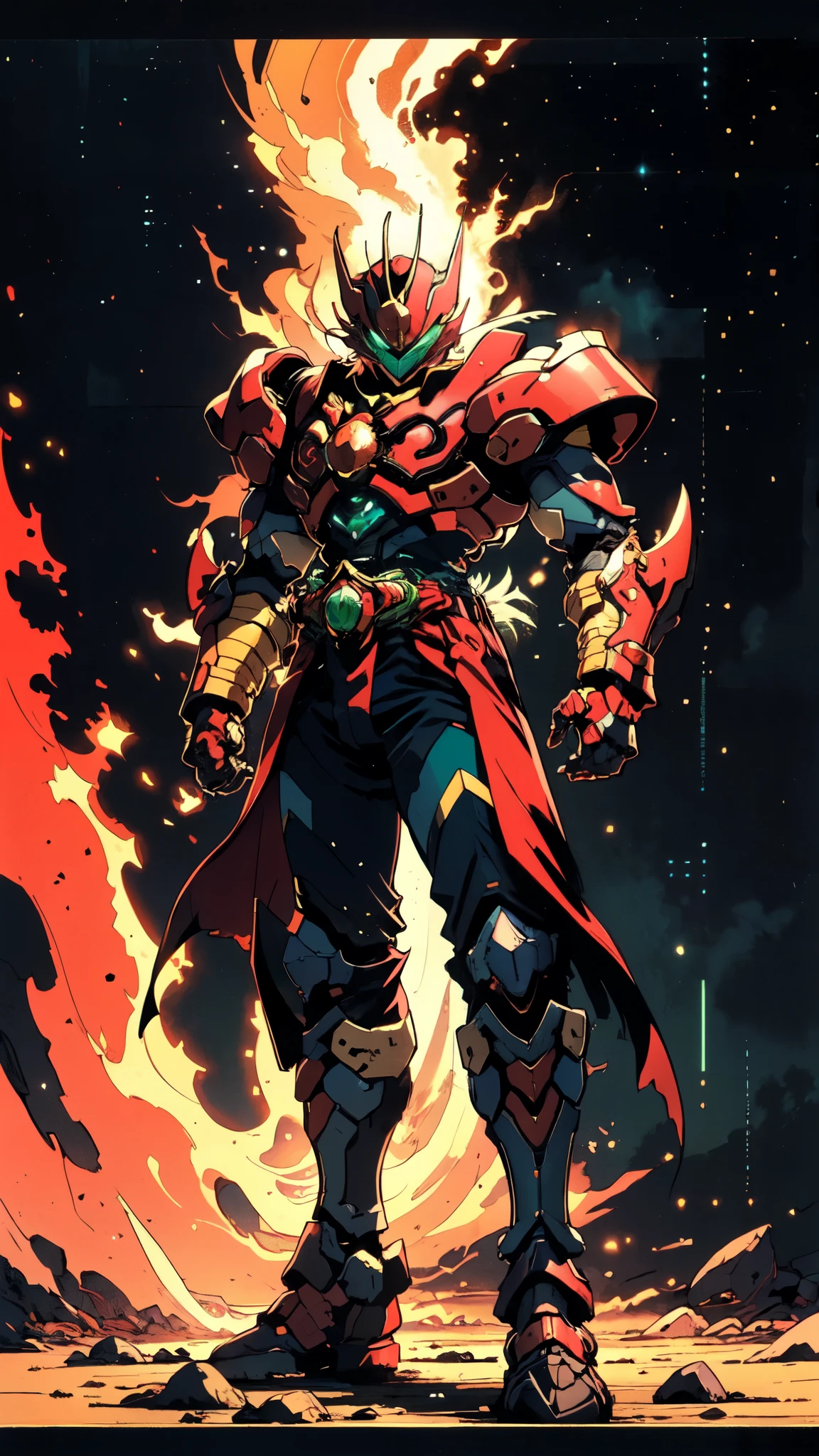 (masterpiece:1.5, best quality:1.5, extremely delicate:1.5), a man wearing a full-face helmet, a fantasy-style biotech armored combat suit, green eyes, (a composite layered chest armor), fully enclosed shoulder guards, matching arm and leg guards, belt of Neon circuit, (the color scheme is primarily black with green and red accents), the design balances heavy with agility, a high-tech bio-mecha armor, (Armor Concept Inspired by Kamen Rider, stand on the top of a skyscraper in a futuristic sci-fi city), this character embodies a finely crafted fantasy-surreal style armored hero in anime style, exquisite and mature manga art style, (element, plasma, energy, the armor glows), ((male:1.5)), metallic, high definition, highres, ultra-detailed, ultra-fine painting, professional, perfect body proportions, golden ratio, anatomically correct, symmetrical face, extremely detailed eyes and face, high quality eyes, creativity, RAW photo, UHD, 32k, Natural light, cinematic lighting, masterpiece-anatomy-perfect