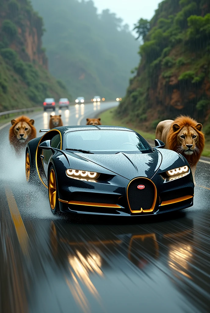 Black Bugatti with golden wheels in ethiopian rainy road chased by the jaguars and lions with kings