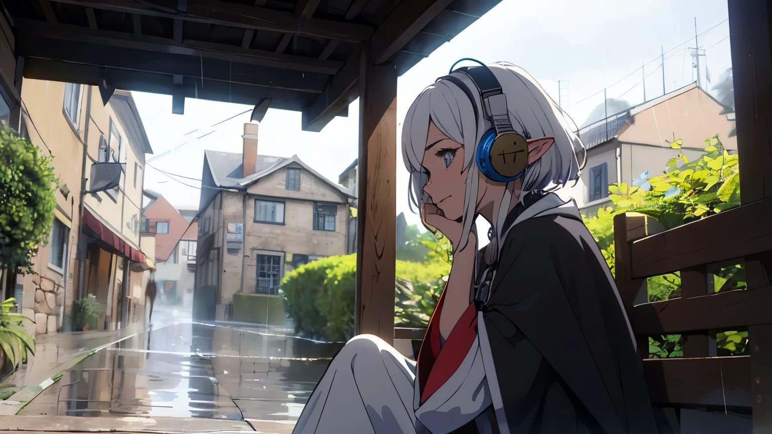 elf girl with white hair, wearing medieval dress, wearing headphone, watching the rain, medieval town.