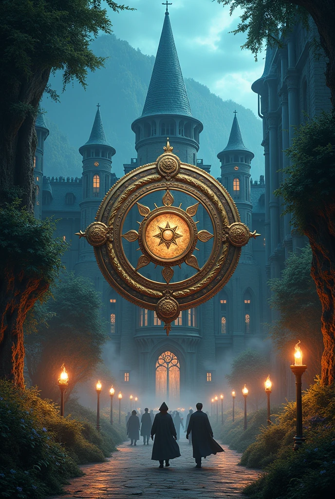 Create Mysthaven Academy of Magic text with an interesting magic concept and a background with a magic background decorated with elements of magic elements such as magic wands, potion and magic hat and the logo in the middle looks luxurious with a size of 1:1