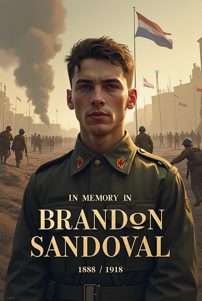 Create a cover that says "IN MEMORY OF BRANDON SANDOVAL, 1888/1918" TRIBUTE TO ALL THE SOLDIERS WHO HAVE FALLEN IN COMBAT, LET THE LETTER AND THE ILLUSTRATION MAKE REFERENCE TO THE WAR. 