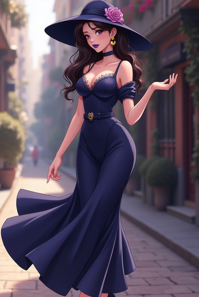 She was wearing a long hat with a rose on it、She has a G-cup bust and wears a dress with a belt around her waist.、Overall in navy blue、She was wearing a see-through top up to her neck under her clothes.、She has purple lipstick and moon earrings、Wearing black heels、40s anime girl