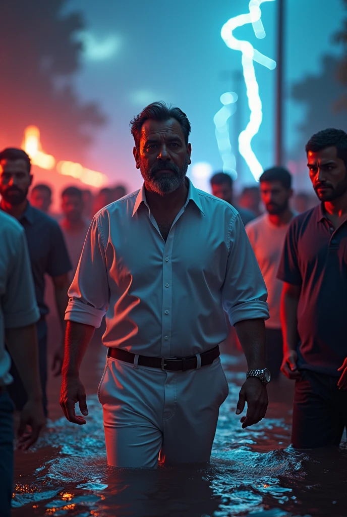 A man with dark hair and beard 30 year old politician wearing plain full handed white shirt and pant they helping people in flood background thunder neon effect 
