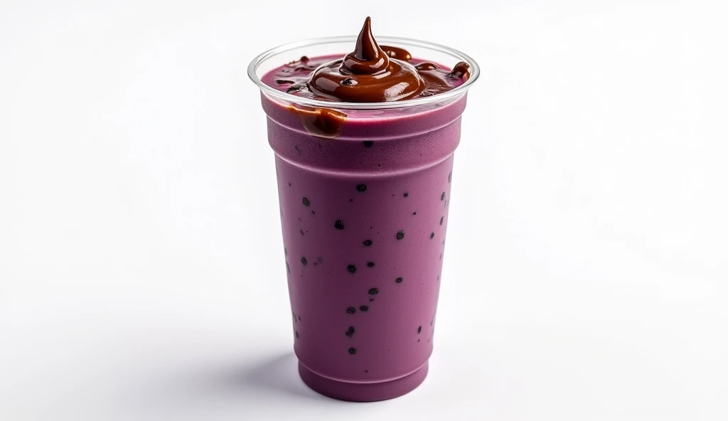 (work of art:1.2, highest quallity,highest quallity,very detailledな:1.2),(very detailled),8k,(realisitic),(RAW Photos:1.2),(1 female),(a tall plastic cup with dark purple acai, lots of melted Nutella on top, white background),(Stylish café),(Stylish Photos),(Legal photo),(Detailed representation down to the last detail)