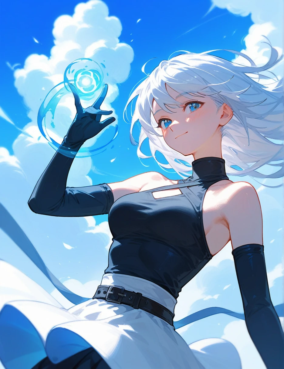 (from below:0.6), score_9_up,score_8_up, white hair, black high neck halter top, blue eyes, 1girl, solo,((blush)), closed mouth, smile, medium breast, pose, (thin girl:1.2),clouds, long gloves, ((blue wind magic)), skirt, belts, (soars)
