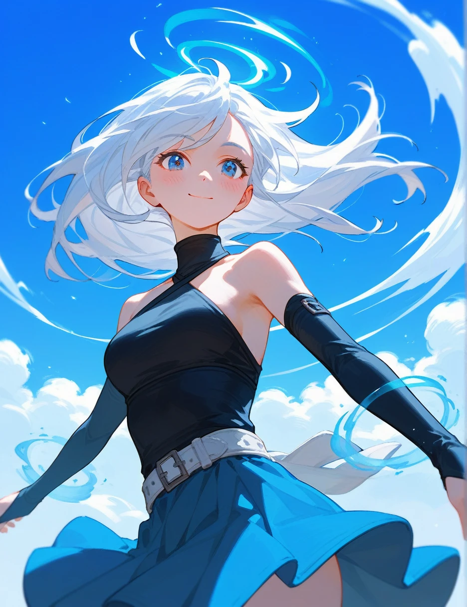 (from below:0.6), score_9_up,score_8_up, white hair, black high neck halter top, blue eyes, 1girl, solo,((blush)), closed mouth, smile, medium breast, pose, (thin girl:1.2),clouds, long gloves, ((blue wind magic)), skirt, belts, (soars)