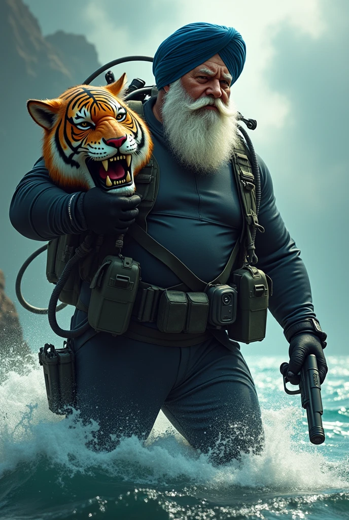 (a dark-skinned fat muscular white-bearded sikh old man in skintight scuba diver suit) carrying a gun in right hand, (carrying realistic roaring tiger mask), dynamic action pose, fierce expression, showcasing an imposing stature, surrounded by military elements, dramatic shadows and intense highlights, cinematic color tones, high detail, powerful, art influenced by Bruce Onobrakpeya and Stanley Artgerm, ultra-detailed, best quality image, action-packed atmosphere. fighting stance. surfacing from the sea