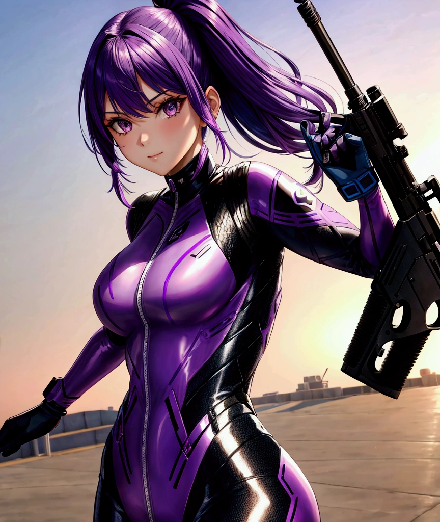 Close-up of a pretty girl with purple hair and a gun, Rider suit style combat clothing