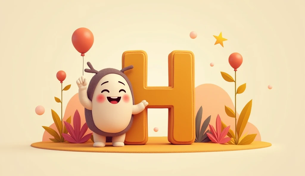 H**: "Design a scene featuring the letter 'H' with a hand. The hand should be cartoonish and friendly, perhaps waving or pointing, with a simple, engaging background that complements the letter."
