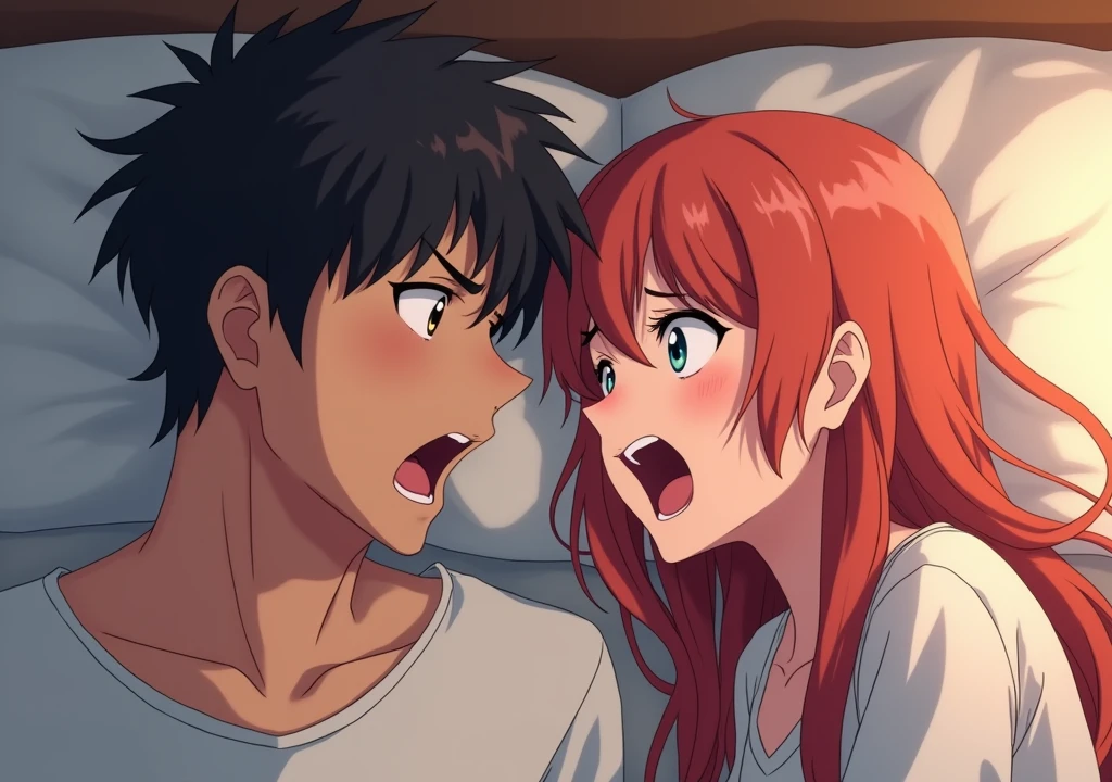 anime couples having a argument on bed,the argument look so intense with shouting and screaming ! it a male and female couple , show how frustrated and intense their emotions and face