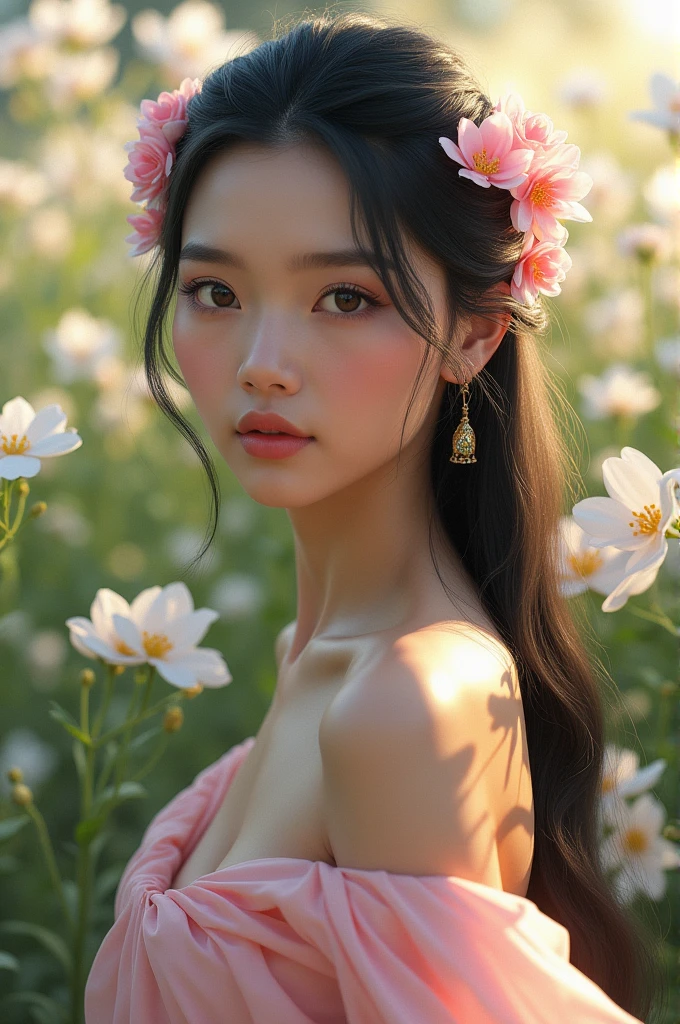 Beautiful young Thai woman wearing beautiful Thai dress, flowing silk fabric, full body, long beautiful black hair, small pink flowers in her hair, glowing light, aura around her, surrounded by a field of jasmine flowers, oil painting, 3D, beautiful and sharp, art painting by Professor Chalermchai