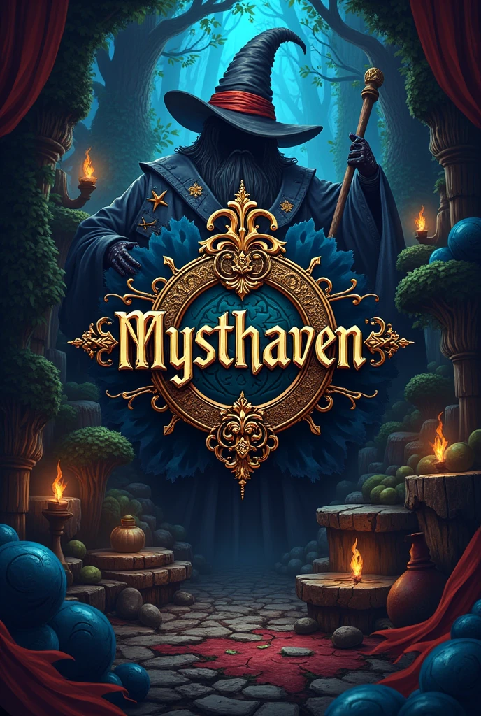 Create Mysthaven Academy of Magic text with an interesting magic concept and a background with a magic background decorated with elements of magic elements such as magic wands, potion and magic hat and the logo in the middle looks luxurious with a size of 1:1