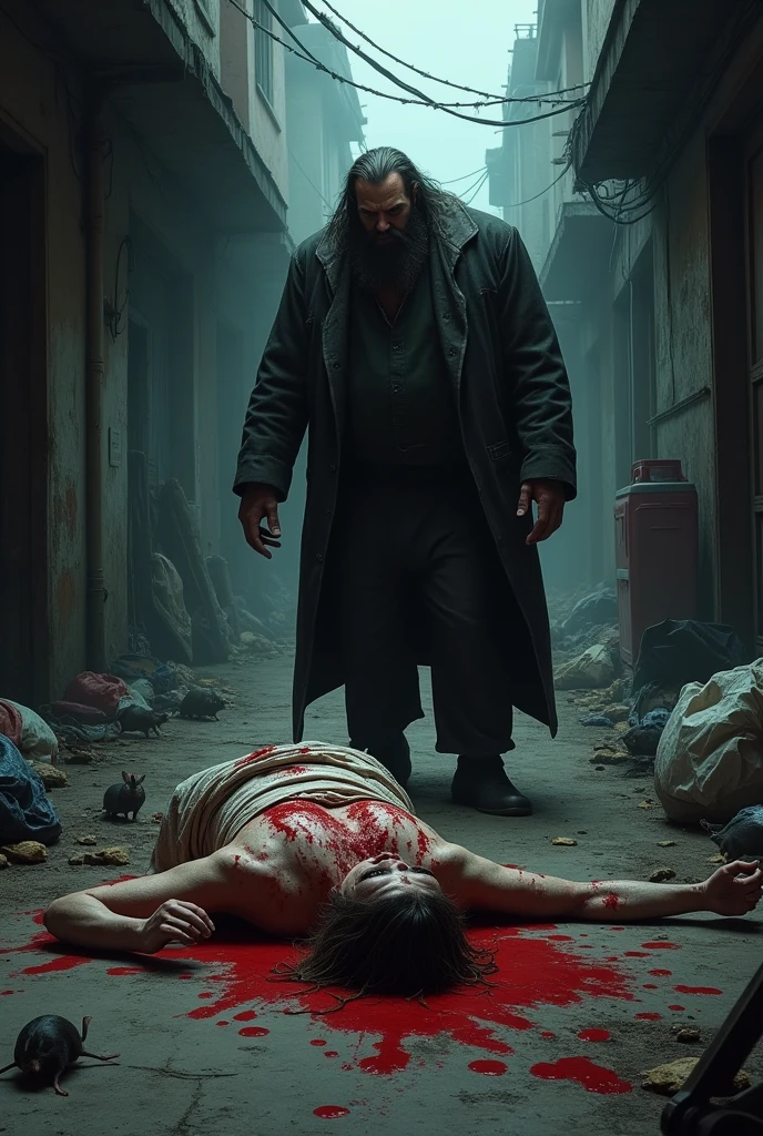 realistic,skin toned, big bearded scary man left a dead man full of blood wrapped in a cloth in an alley, full of garbage and rats