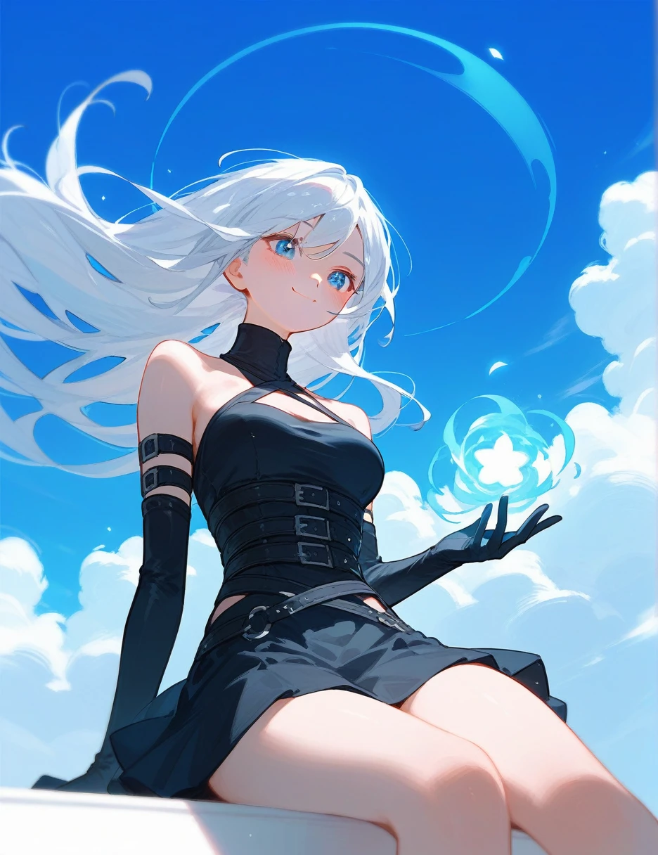 (from below:0.6), score_9_up,score_8_up, white hair, black high neck halter top, blue eyes, 1girl, solo,((blush)), closed mouth, smile, medium , pose, ((sitting)), (thin girl:1.2),clouds, long gloves, ((blue wind magic)), skirt, belts, straps,