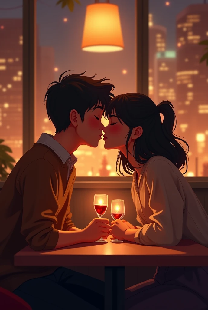 Boy and girl sitting next to each other and First time girl kiss a boy in restaurant without telling him on his lips secretly