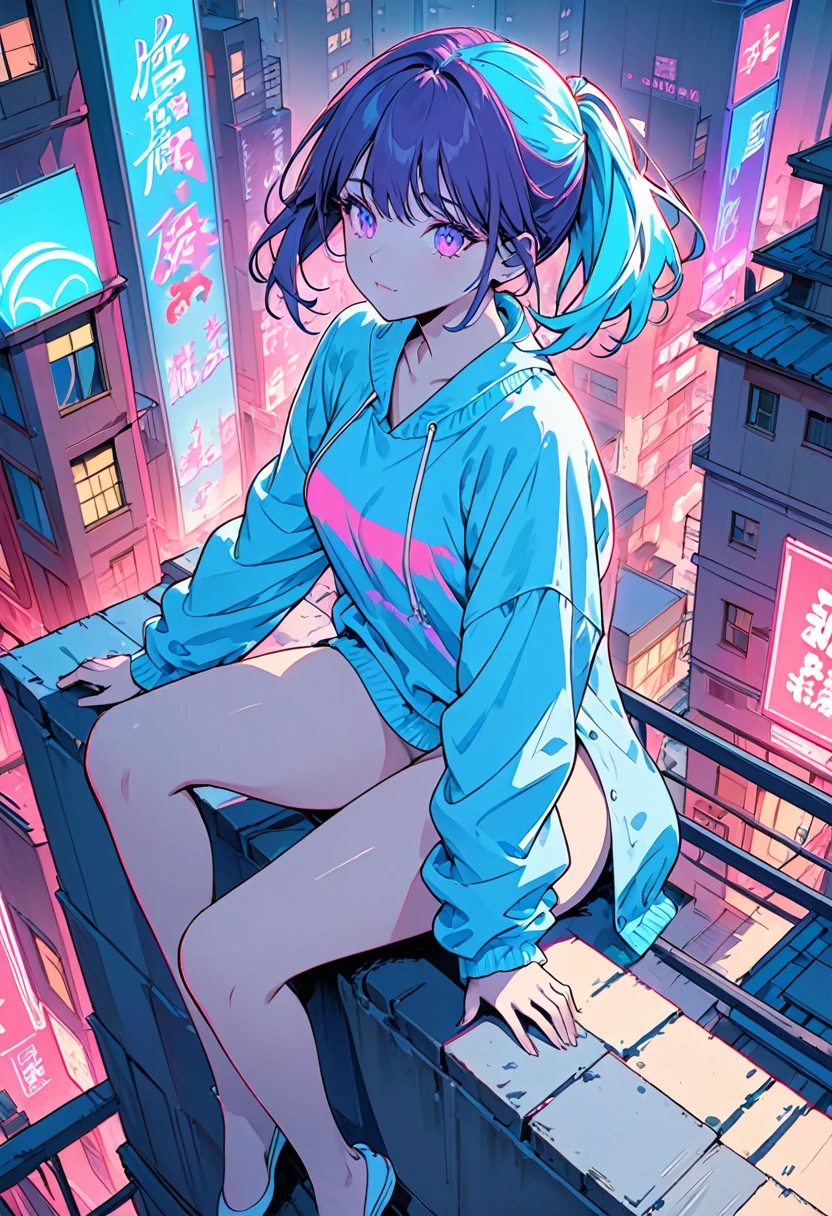 masterpiece,Highest quality,1 Synthwave style girl,Blue outline,Neon lit street,Blue fluorescent paint,alone,From above,Cowboy Shot,Sitting on the roof of a building,Highly detailed CG,Flat Color,Limited edition palette,No Line Art,silhouette,Partially colored,Alternative color,Dynamic Angle,Blue long top champagne,Purple Shadow,Synthwave,chromatic aberration,(alone focus),Perfect Shadow,Completely naked,Delicate face,,Beautiful and delicate eyes,Delicate background,Blue Neon Light,