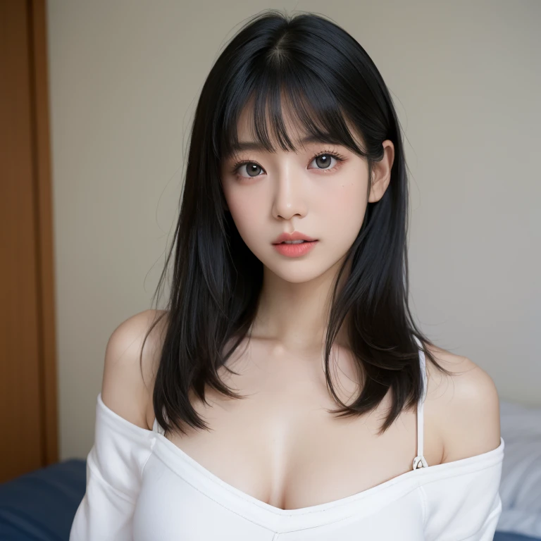 japanese, solo, perfect body, beautiful, angular catlike eyes, white tube top, blue jeans, in her bedroom, baby blue bedroom, busty, large breasts, pale skin, shoulder length hair, bangs