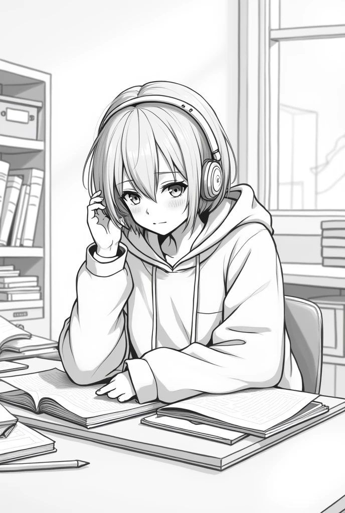 A girl studying in her room, wearing headphones,Short hair, wearing a hoodie,and lineart