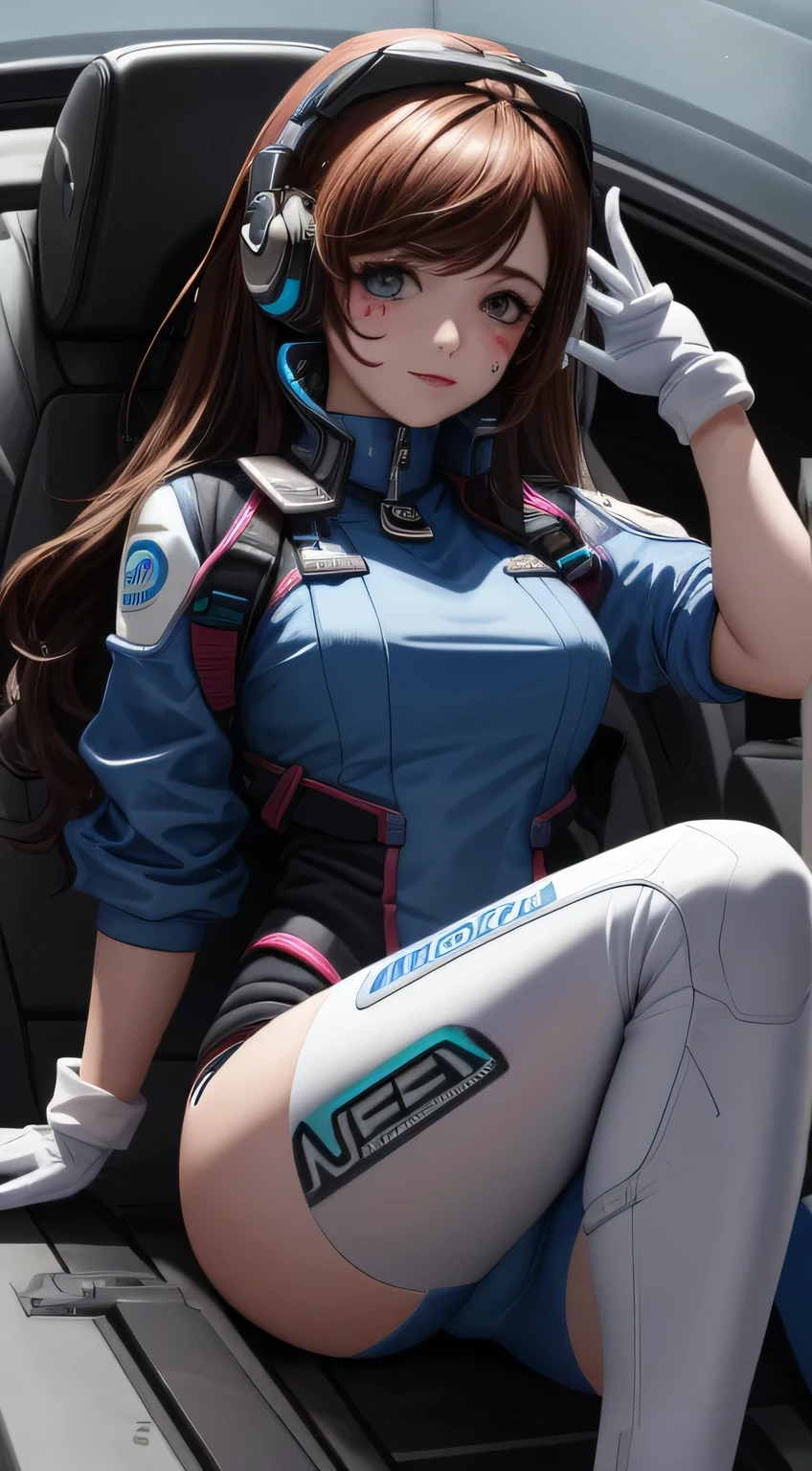 masterpiece, Best Quality, high resolution, 1 d.Go girl, Ultra high resolution, alone, Mechanical pilot, D.and, heaDphones, pink eyes, blue socks, brown hair, white gloves, face decoration