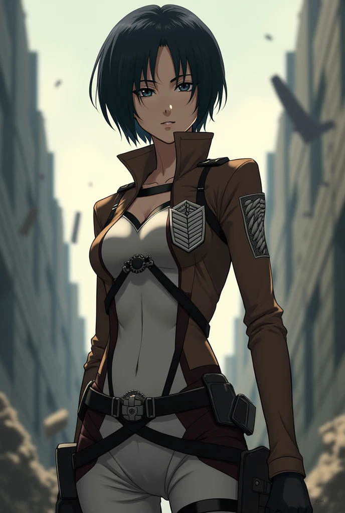 woman, full body, black very short hair, emotionless face, black eyes, reconnaissance corps, Attack on Titan in anime style