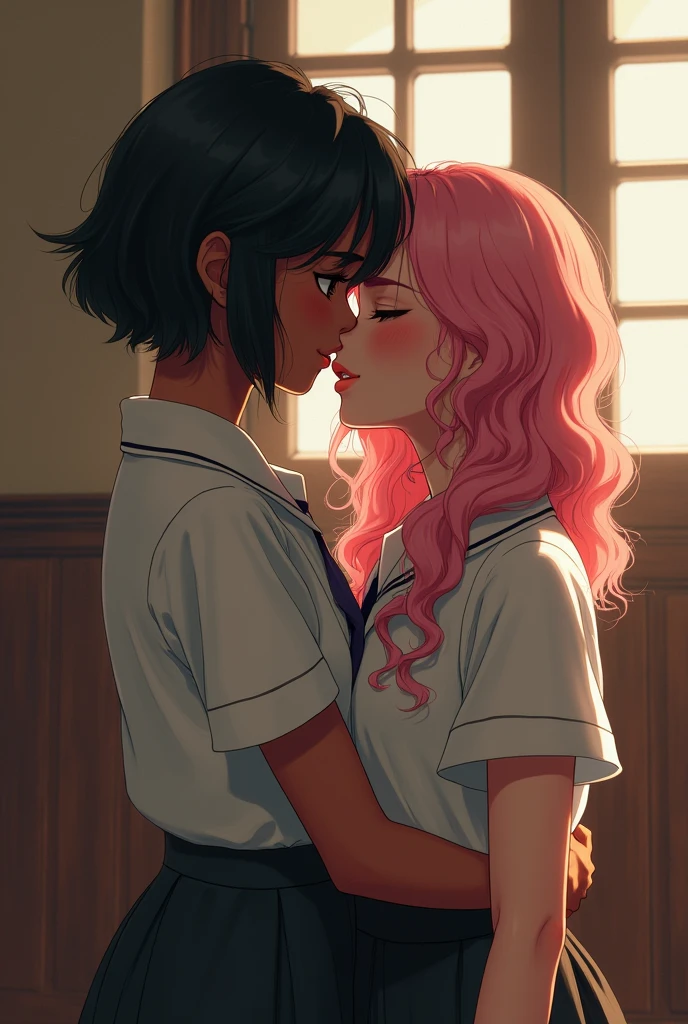 A girl with brown skin and pixie-cut black hair,  shyly kissing another rather tall girl with very curly and long pompous pink hair with pink lips, in a catholic school in several perspectives

