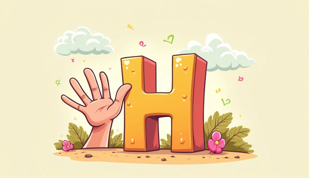 H**: "Design a scene featuring the letter 'H' with a hand. The hand should be cartoonish and friendly, perhaps waving or pointing, with a simple, engaging background that complements the letter."