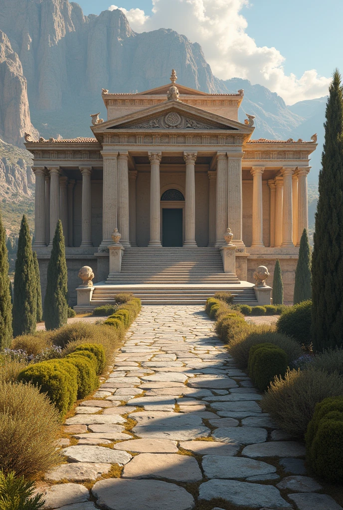 Create a completely realistic image of a spectacular, gigantic Greek palace, a palace fit for the gods, that looks fantastic. 
