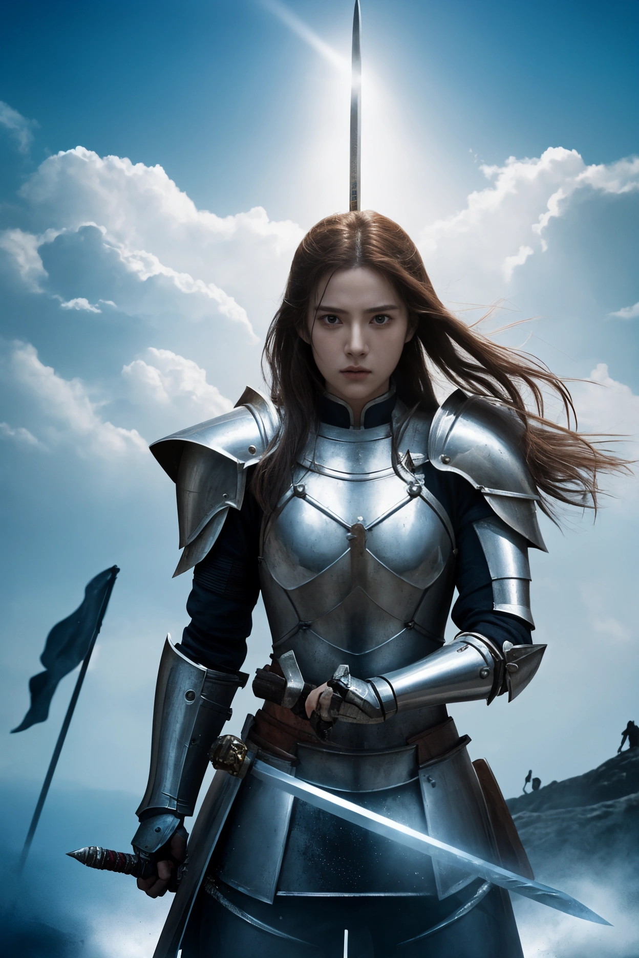 A movie poster depicting a female knight wielding a sword on a battlefield with the words "SeaArt INFINITY" written in large letters in the center,