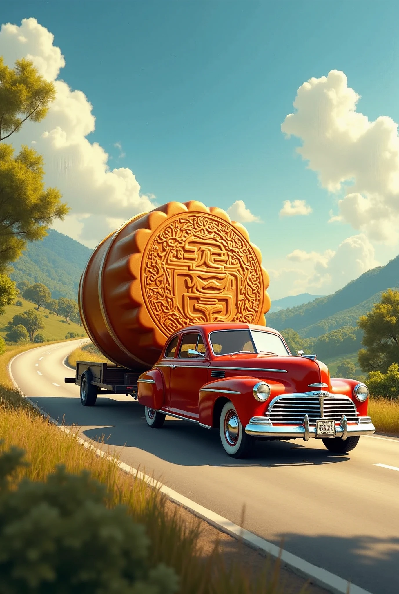 A car pulling a big mooncake detail image is heading towards home

