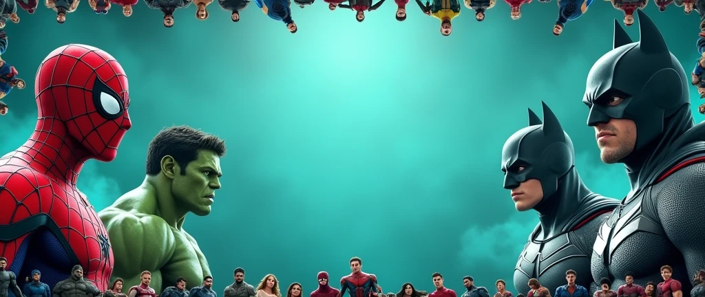 A visually striking and dynamic cinematic page border featuring Marvel's Spiderman, Hulk, Captain America, and DC's Batman in a powerful and heroic pose. The multiple small pictures of these four superheroes line the top and bottom borders of the page with bold expressions and detailed designs, exuding a sense of awe and wonder. The full center and sides of the page are left blank, creating a dramatic contrast with a teal gradient color that harmoniously blends into the surrounding scene. The digital painting style captures the essence of comic book art, while the concept art presentation highlights the creative vision behind these iconic superheroes, evoking both romance and a powerful sense of adventure.