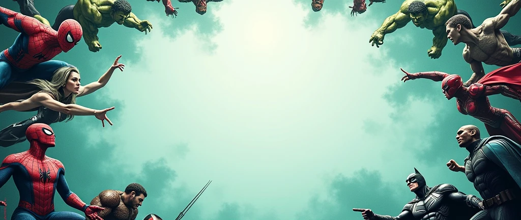 A visually striking and dynamic cinematic page border featuring Marvel's Spiderman, Hulk, Captain America, and DC's Batman in a powerful and heroic pose. The multiple small pictures of these four superheroes line the top and bottom borders of the page with bold expressions and detailed designs, exuding a sense of awe and wonder. The full center and sides of the page are left blank, creating a dramatic contrast with a teal gradient color that harmoniously blends into the surrounding scene. The digital painting style captures the essence of comic book art, while the concept art presentation highlights the creative vision behind these iconic superheroes, evoking both romance and a powerful sense of adventure.