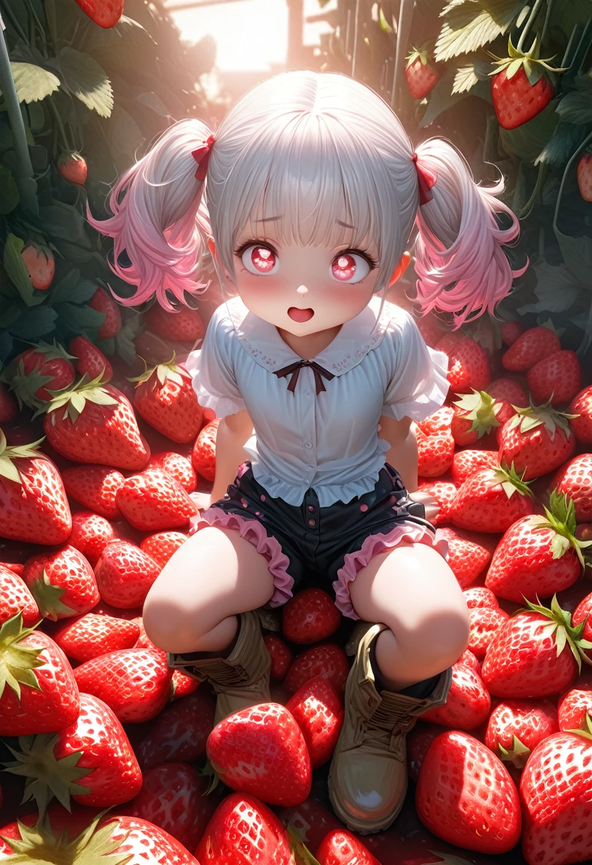 cute, White very short hair, (Big round eyes, Strawberry-shaped pupils), A lustful and lascivious face, light makeup, Pink short twin tails, イチゴにインスパイアされたcuteゆったりしたシャツを着ています, Strawberry-inspired ruffled shorts, Engineer boot, Lots of strawberries in the background, Shading Effects, Gradient Magic Effect, Fresh effect, Cute effects, (Super detailed, The absolute solution, Highest quality:1.3), 2.5D, delicate and dynamic, Artistic photography, Ultra-realistic, Graphics CG Digital Art, Manga style