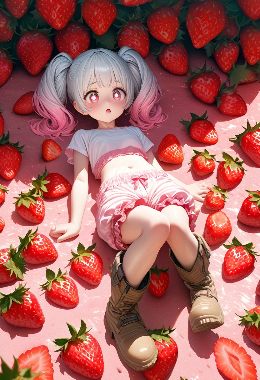 cute, White very short hair, (Big round eyes, Strawberry-shaped pupils), A lustful and lascivious face, light makeup, Pink short twin tails, イチゴにインスパイアされたcuteゆったりしたシャツを着ています, Strawberry-inspired ruffled shorts, Engineer boot, Lots of strawberries in the background, Shading Effects, Gradient Magic Effect, Fresh effect, Cute effects, (Super detailed, The absolute solution, Highest quality:1.3), 2.5D, delicate and dynamic, Artistic photography, Ultra-realistic, Graphics CG Digital Art, Manga style