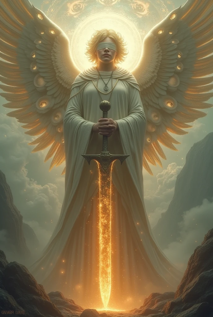 A colossal angel has a blindfold over its eyes, and around its head are two intertwined wheels spinning. Within the wheels are many eyes, and it has hair made of light and a massive flaming sword in its hands. 