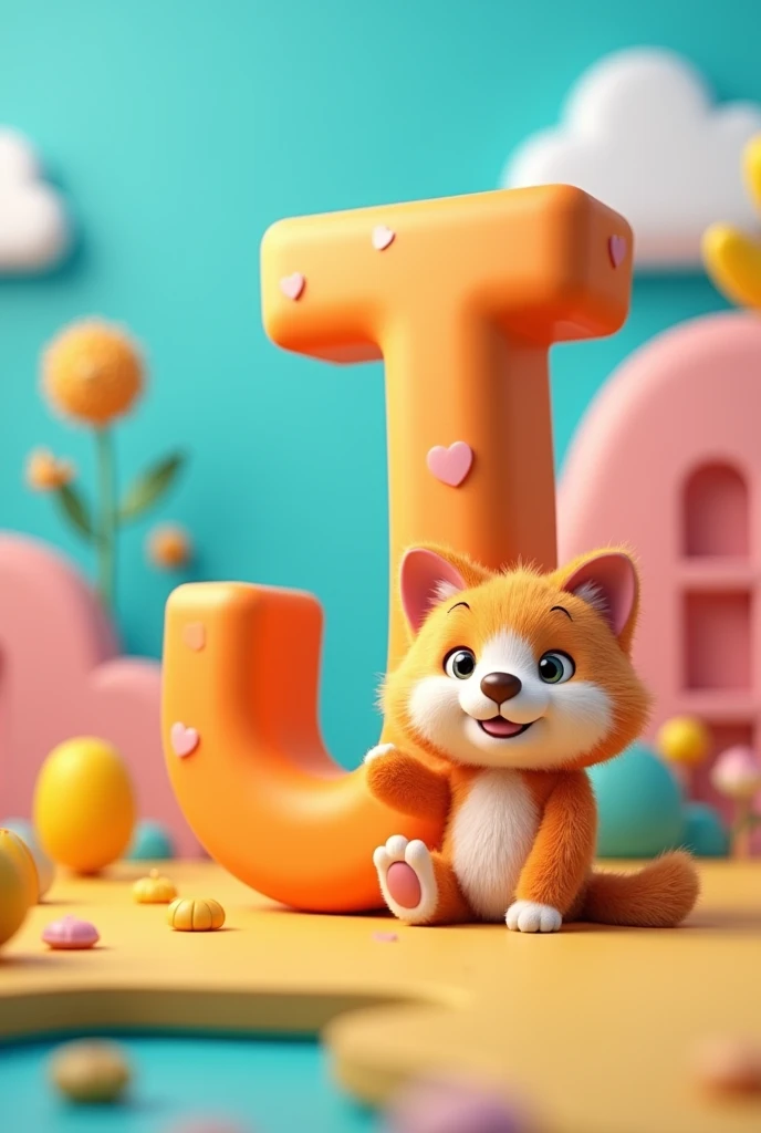 3D animation of alphabet “J” with cartoon cat beside it