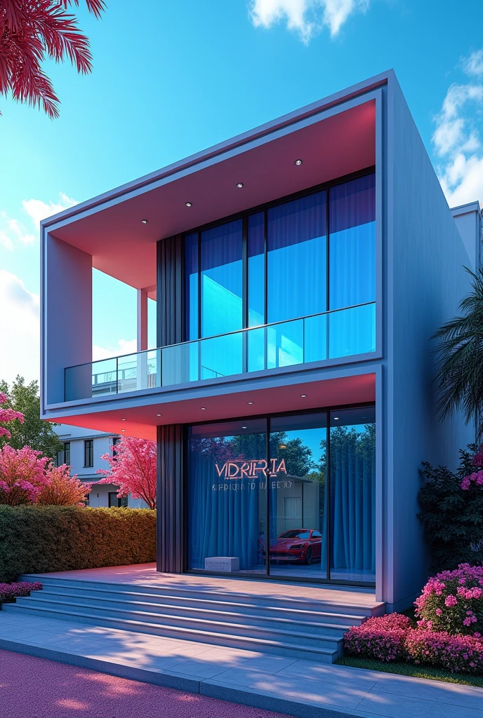 Windows with glass the blue color, desing modern, acustic, house full color with balcon, name VIDRIERIA RODRIGUEZ recored into the glasses with letter big.